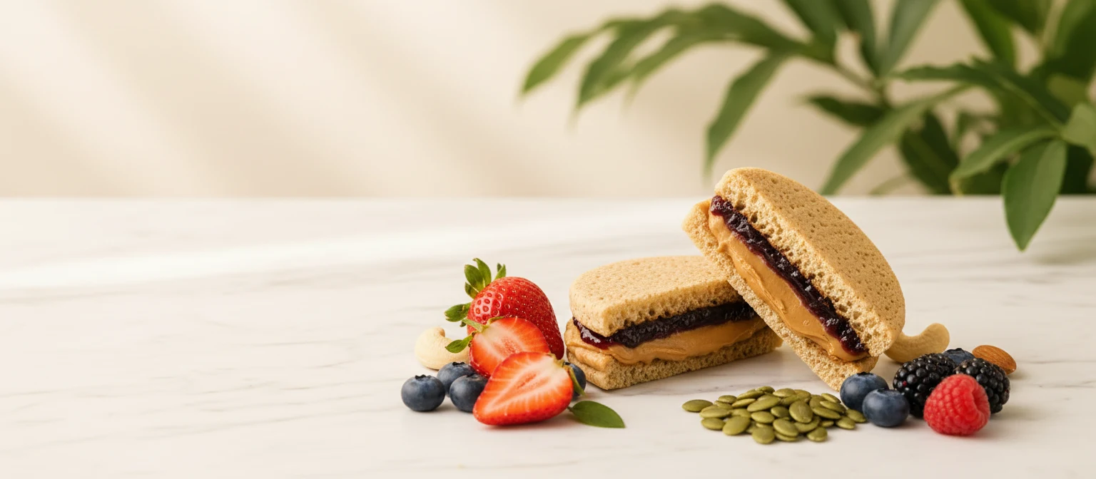 Rainbow HiBi Protein Pocket — stacked halves with strawberries, blueberries, pumpkin seeds, raspberries, cashews and blackberries