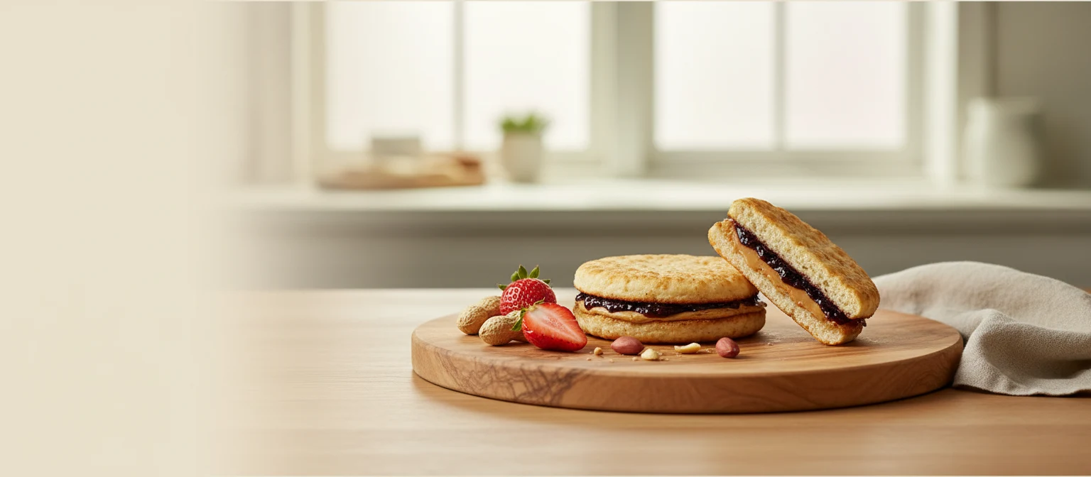 Protein Pocket on a wooden board with strawberries and peanuts
