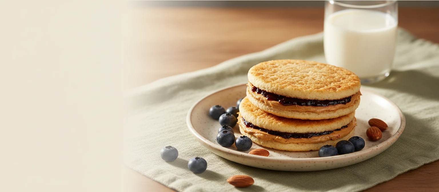 Protein Pocket halves stacked on a plate with blueberries, almonds and a glass of milk