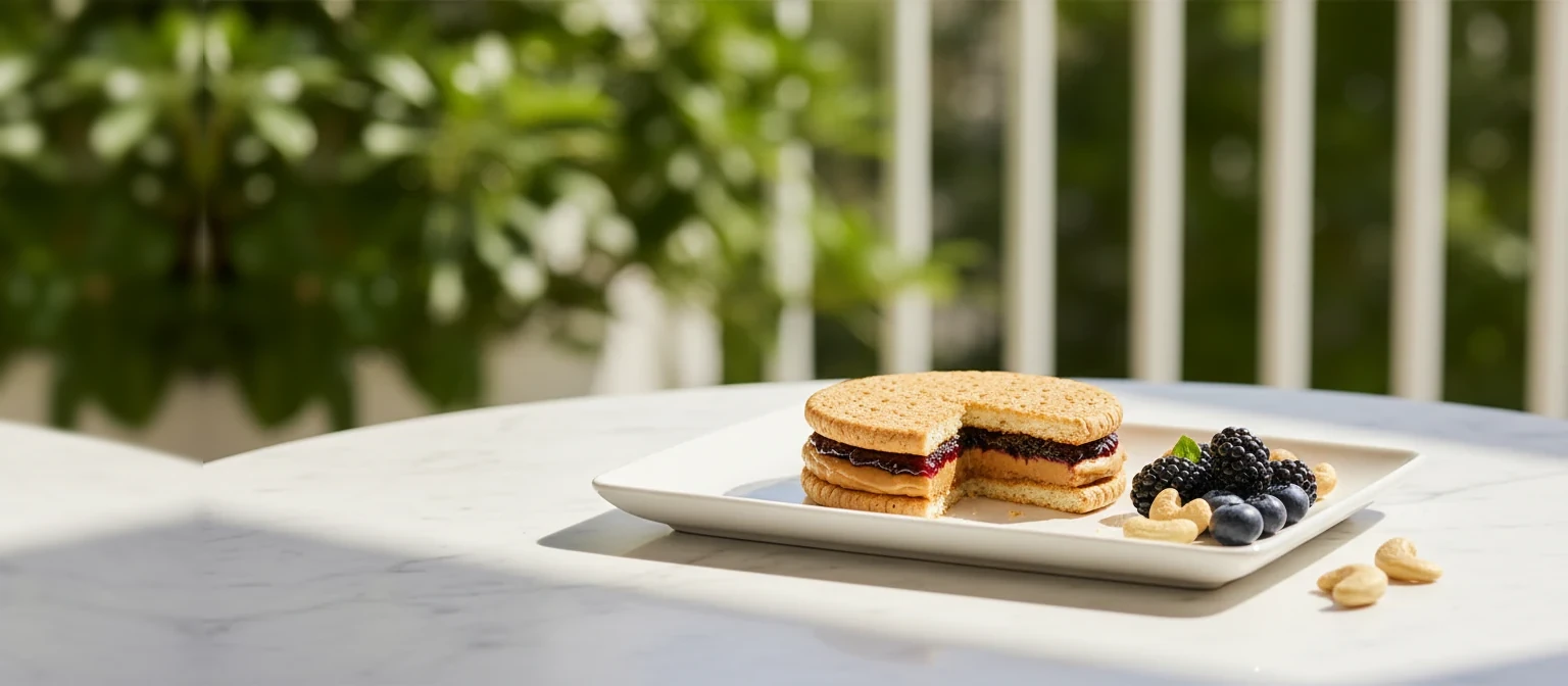 Protein Pocket with blackberries and cashews on a balcony table