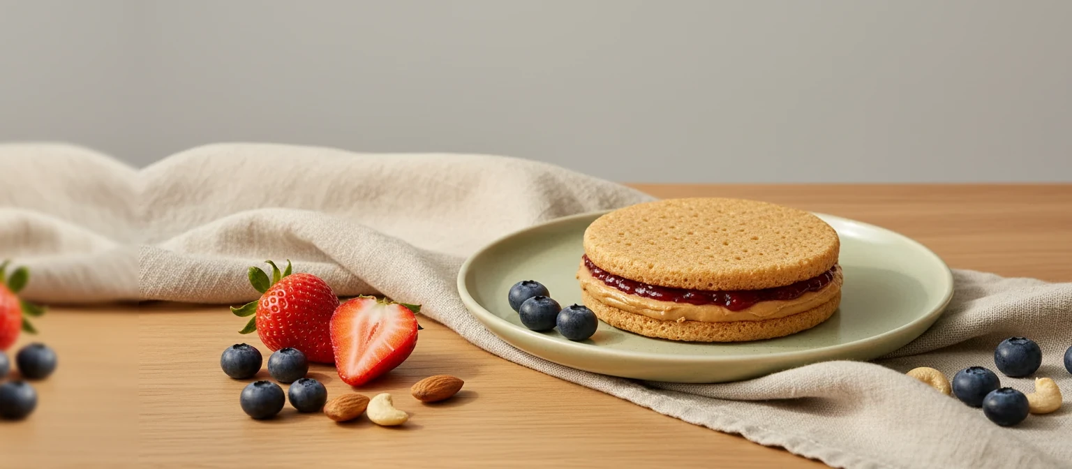 Protein Pocket on a sage plate with berries and almonds on linen