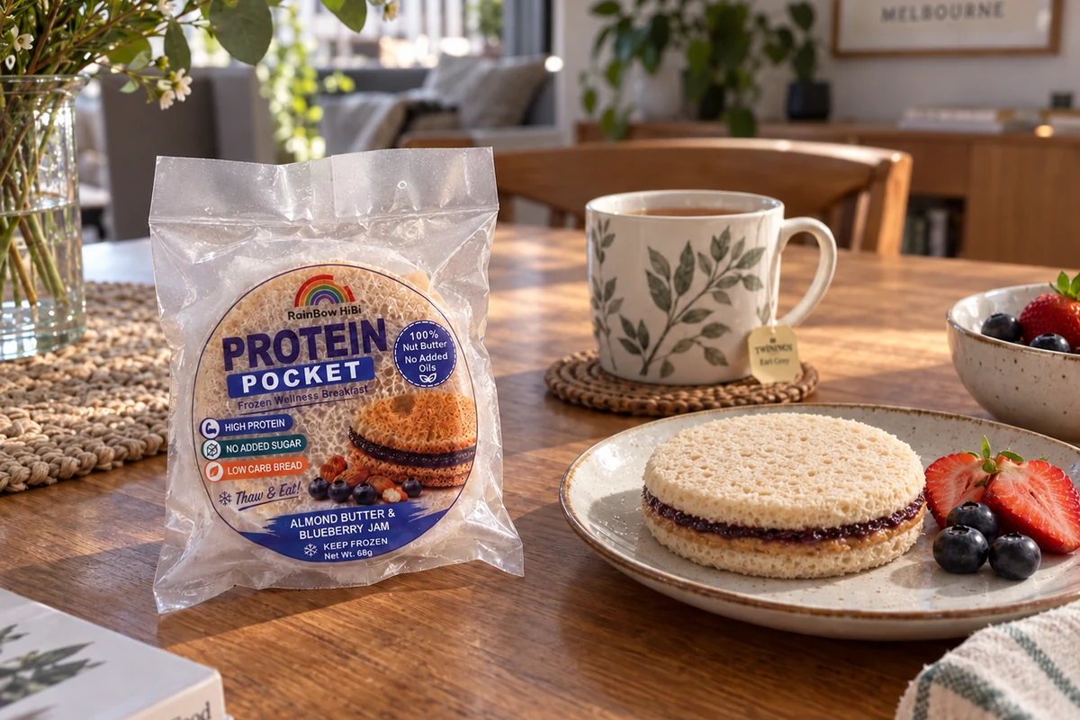 A wrapped Protein Pocket ready to serve beside a coffee